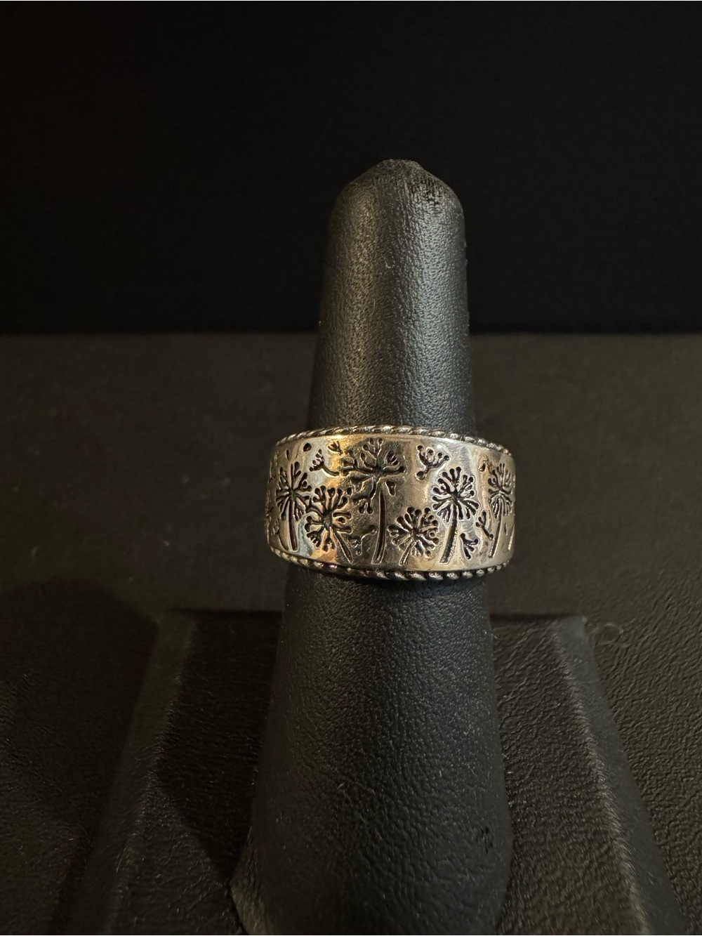 JAI Sterling Silver Stamped Floral Wide Band Ring
